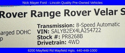 Used 2020  Land Rover Range Rover Velar 4d SUV 4WD P250 S at DriveNow Mayfield near Mayfield Heights&comma; OH