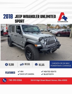 Used 2018 Jeep Wrangler Unlimited 4d SUV 4WD Sport at A+ Autobrokers near Mt. Vernon, OH