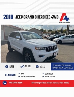 Used 2018 Jeep Grand Cherokee 4d SUV 4WD Limited V6 at A+ Autobrokers near Mt. Vernon, OH